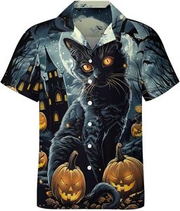 Camisa Hawaiana para Hombre, Estampado de Gato Negro y Calabaza de Halloween, Manga Corta, Cuello Camisero, Estilo Veraniego - Product Image 1