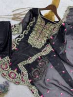 Ensemble élégant de kurta et pantalon en organza de soie brodé noir jais pour femmes, idéal pour les soirées