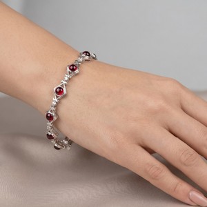 Vintage 925 Sterling Silver Garnet <b>Bracelet</b> | Round <b>Red</b> Gemstones, Elegant Classic Jewelry Women's Everyday Wear Jewelry - Product Image 1