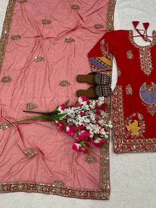 Shreeji Fashion <b>Red</b> Women's Ethnic <b>Silk</b> Salwar Suit with Gold Embroidery and Purple Motif Quick Dry for Wedding All Seasons - Product Image 5