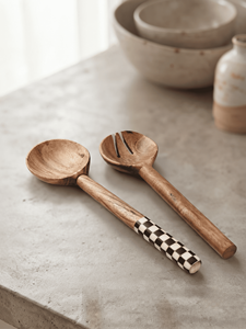 Juego de Servidores de Ensalada de Madera Natural de Diseño Coreano, Ecológico, REHMAN CRAFT, Cuchara y Tenedor Hechos a Mano con Mango a Cuadros para Cocina - Product Image 2