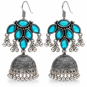 Vintage Oxidized Antique <b>Silver</b>-Plated Brass Blue Topaz Coral Green Onyx Bezel Set <b>Drop</b> Bollywood Jhumka <b>Earrings</b> High Quality - Product Image 1
