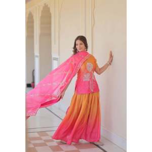 Ensemble palazzo brodé en lin avec dupatta en soie pour femmes - Product Image 5