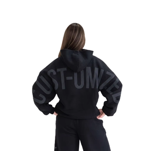 Sweat-shirt à capuche pour femme, coupe ample et décontractée, imprimé DTG, noir, tissu épais, manches classiques, fabrication sur mesure, livraison rapide - Product Image 2