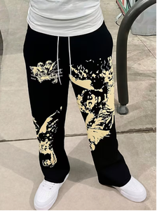 Pantalon de jogging noir à motif graphique, coupe large, avec cordon de serrage, style streetwear décontracté pour homme, en molleton. - Product Image 4
