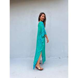 Vestido Kaftán Boho Tie Dye para Mujer, Corte Holgado, Cuello en V, Maxi, Cintura Natural, Lavable, para Usar en Vacaciones de Verano - Product Image 4