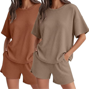 <b>Women</b> <b>2</b> <b>Piece</b> Knitted Shorts Set O-Neck Short Sleeve Solid Color Loose Fit Casual Summer <b>Outfit</b> Breathable Cotton Set - Product Image 5