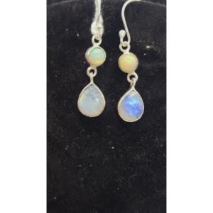 925 Sterling <b>Silver</b> Fine <b>Dangle</b> <b>Earrings</b> Beautiful Moonstone and Ethiopian Opal for Party Wear - Product Image 1