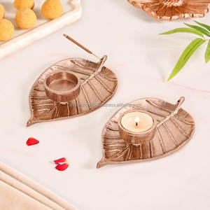 Indian Handicraft Filigree Vintage Metal Leaf Shape <b>Tealight</b> <b>Holder</b> - Artisan Pierced Shadow Votive Stand for Festive - Product Image 1