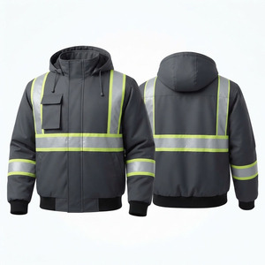 Premium 300D Polyester Oxford Leather Safety <b>Jacket</b> Reflective Panels Hooded <b>Grey</b> Lime Custom Front Logo <b>Waterproof</b> Breathable - Product Image 1