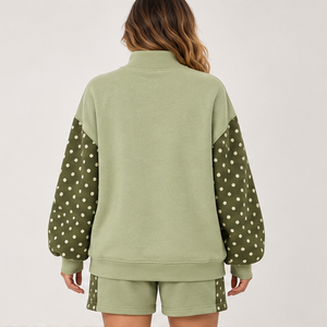 Women's Light Olive Polka Sleeve Mock Neck 2-Piece <b>Shorts</b> <b>Set</b> Custom Casual Sportswear - Product Image 2