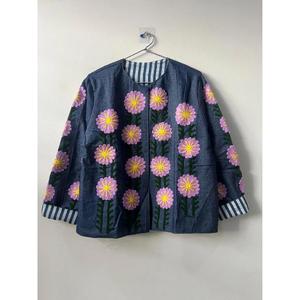 Handmade Denim Suzani Short Boho Embroidered Reversible Eco-Friendly Autumn Cotton Festival <b>Duster</b> Jacket Gift Her - Product Image 5