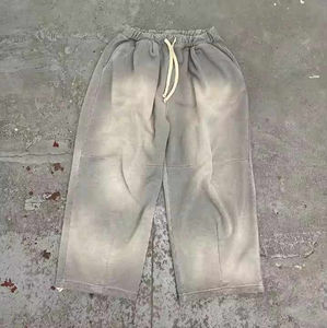Pantalones de chándal para hombre de algodón grueso con lavado ácido, estilo jogger de felpa francesa, holgados de pierna ancha, vintage, efecto desgastado por el sol, estilo streetwear - Product Image 2