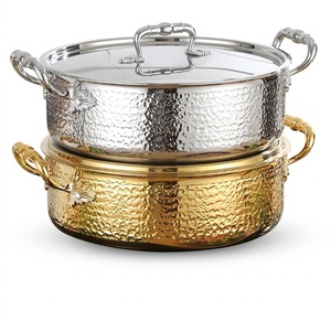 Luxury Stainless Steel Casserole <b>Pot</b> Hammered Design Insulated Hot <b>Pot</b> <b>Set</b> with Gold Plated Handles for Home & Restaurant Buffet - Product Image 1