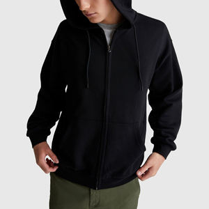 Men's <b>Black</b> Hooded Zip-Up <b>Sweatshirt</b> Regular Fit Solid Color Casual Cotton Knitted Autumn Wear - Product Image 2