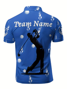 Men's Blue Golf Polo Shirt Short Sleeve Digital Printed Breathable Knitted Team Name Design - Product Image 2