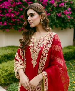Conjunto de Salwar Kameez Étnico para Mujer, Rojo, Bordado, Manga Larga, Corte Regular, para Bodas y Fiestas - Product Image 4