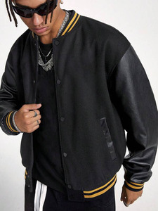 Black College Baseball Quilted <b>Jacket</b> Men Custom Logo Wool Feel Body Cotton Sleeves Striped Rib Trim Winter 100% Cotton - Product Image 4