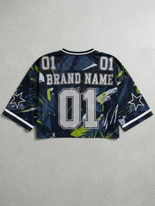 Ensemble de survêtements scintillants style universitaire, haut court en maille premium, motif camouflage abstrait, strass, maillot de football américain, imprimé étoiles surdimensionné, collection mode sport - Product Image 5