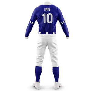 Maillot de baseball personnalisé pour homme, manches longues, bleu et blanc, 100 % polyester, évacuation de l'humidité, broderie, numéros d'équipe, coupe classique - Product Image 3