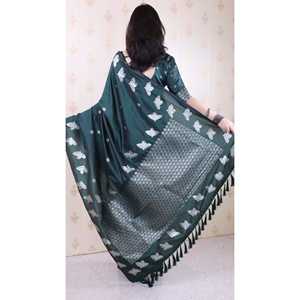 Sari de seda suave Elite Weaves Dual Zari con borde de pájaro, color verde botella, 650g, para ocasiones especiales - Product Image 4