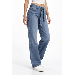 Jean en denim pour femme à taille mi-haute et jambe large avec ceinture détachable - Bleu ardoise XL Délavage moyen - Product Image 3