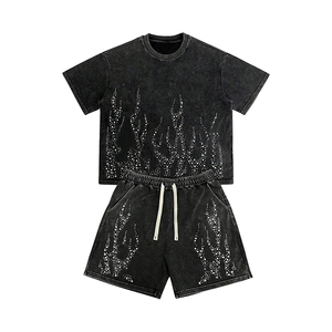 Ensemble court homme délavé à l'acide avec strass, t-shirt oversize et short, tenue 2 pièces streetwear vintage - Product Image 1