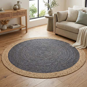 Turquoise Blue <b>Round</b> Jute Rug 120 cm, Handwoven Braided Natural Fiber Circular Rug for Coastal Home - Product Image 4