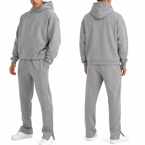 Survêtement gris à capuche pour homme, couleur unie, décontracté, sweat-shirt et pantalon de jogging avec poches latérales, respirant, 100 % coton - Product Image 4