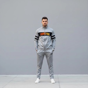 Chándal gris de hombre de longitud completa con cremallera, cuello alto, estampado por transferencia térmica, diseño deportivo, bolsillos laterales, para otoño - Product Image 1