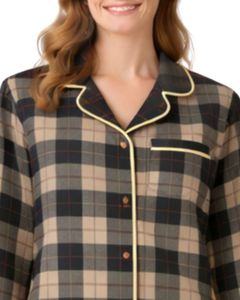 Ensemble de pyjama pour femmes en coton doux à carreaux beige et noir, manches longues, boutonné, vêtements de nuit, ensemble de deux pièces, ensemble confortable pour se détendre - Product Image 4