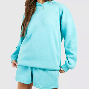 ชุดเสื้อสเวตเตอร์มีฮู้ดสีฟ้าอ่อนสำหรับผู้หญิง ทรงหลวม ใส่สบาย แขนยาว สีพื้น มีกระเป๋าข้าง ใส่ได้ในฤดูใบไม้ผลิ - Product Image 1