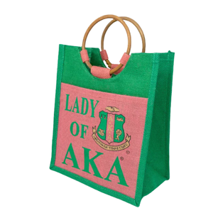 กระเป๋าผ้าปอกระเจาสีชมพูและสีเขียวลาย Lady of AKA Sorority พร้อมหูหิ้วไม้ธรรมชาติ กระเป๋าช้อปปิ้งนำกลับมาใช้ใหม่ได้ กระเป๋าของขวัญ กระเป๋าแฟชั่น - Product Image 2