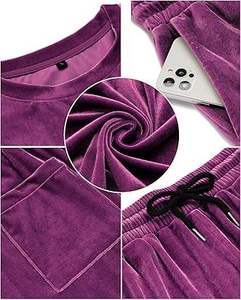 Ensemble de survêtement en velours violet pour homme, t-shirt et short, col rond, pour fitness, jogging, course à pied, gym, velours uni teint - Product Image 3