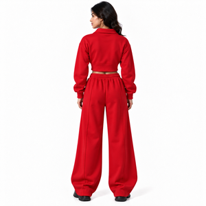Ensemble de survêtement pour femme avec logo personnalisé, sweat-shirt court rouge à demi-zip, pantalon large, col rabattu, coupe décontractée et ample, fournisseur - Product Image 2