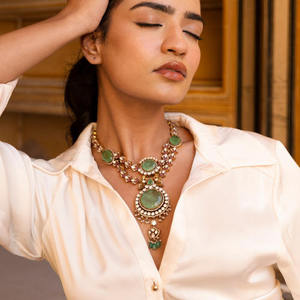 Stylish Gajaah 925 Sterling Silver Royal Green Gemstone Emerald <b>Ruby</b> & Polki Diamond <b>Necklace</b> Set <b>Necklace</b> Earrings Set - Product Image 1