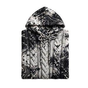 Black <b>White</b> Cable Knit <b>Hoodie</b> Paint Splatter Pattern Braided Drawstrings Kangaroo Pocket Ribbed Cuffs Streetwear Pullover Casual - Product Image 4