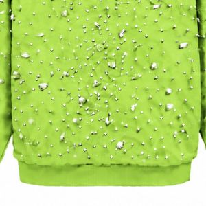 Sweat-shirt à capuche vert lime perlé avec fermeture éclair intégrale, veste streetwear tendance ornée de perles, sweat-shirt à manches longues avec poches avant - Product Image 6