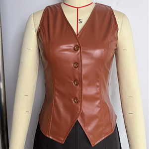 Women's Genuine <b>Leather</b> V-Neck <b>Sleeveless</b> Blazer Autumn Solid Color Button Front Regular Length Woven Cow Skin <b>Jacket</b> - Product Image 5