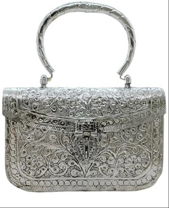 <b>Silver</b> Plated <b>Clutch</b> With Handle Ethnic Floral Carvings For Weddings Evening Party Bags for Women Available At Wholesale Price - Product Image 1