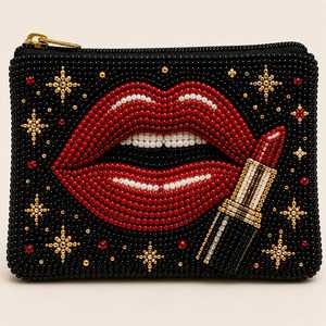 Pochette noire perlée pour femme avec motif lèvres rouges et rouge à lèvres, porte-monnaie zippé - Product Image 1