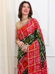 Sari de Seda Pura Ghatchola Bandhani, Sari Tradicional de Boda Gujarati y Rajasthani con Cuadros Zari - Product Image 2