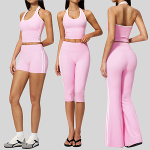 Conjunto de yoga OEM de 3 piezas para mujer: camiseta sin costuras de elastano/poliéster, pantalones cortos de ciclista, top largo, ropa deportiva, sujetador deportivo de cintura alta transpirable - Product Image 5