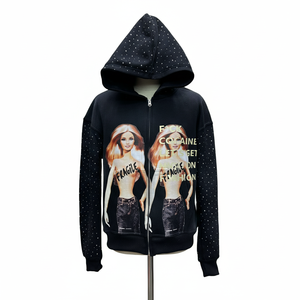 เสื้อฮู้ดซิปแบบสตรีทแวร์ประดับคริสตัลสั่งทำพิเศษสำหรับผู้ชาย พิมพ์โลโก้ตามสั่ง ทรงโอเวอร์ไซส์ ผ้าหนานุ่ม คุณภาพสูง ผลิตจากผ้าฝ้าย 100% - Product Image 6