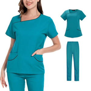 Women's Fashion Medical Scrubs Set Asymmetric Neck Contrast Piping <b>Top</b> Elastic Pants Nurse Uniform Hospital Wholesale OEM - Product Image 1