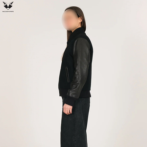 Nouvelle Arrivée 2026 – Service OEM/ODM – Blousons universitaires noirs pour femmes à col montant et manches longues avec manches en cuir véritable - Product Image 4