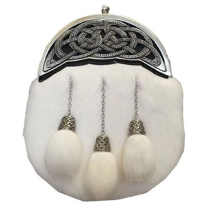 <b>white</b> rabbit <b>fur</b> <b>dress</b> sporran with a Celtic knot cantle, often used for formal Scottish Highland attire - Product Image 1