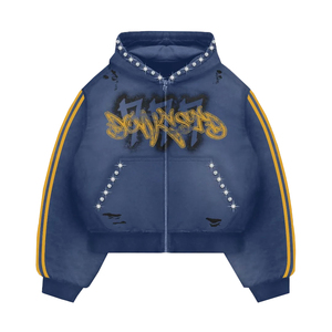 Trending Luxury Custom Rhinestone Distressed Full Zip Oversized Vintage <b>Streetwear</b> Heavyweight Graphic Winter <b>Y2K</b> Hoodie 100% - Product Image 2