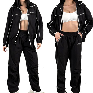 Women 2 Pieces <b>Reflective</b> Edging Jogging Suits Oversize Nylon Customized Windbreaker Jackets Pants Sets Lightweight Tracksuits - Product Image 1