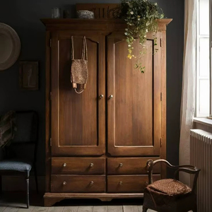 Luxury Handcrafted Solid Wood 2 <b>Door</b> Wardrobe with 4 Lower Drawers <b>Rustic</b> Finish Armoire - Product Image 1